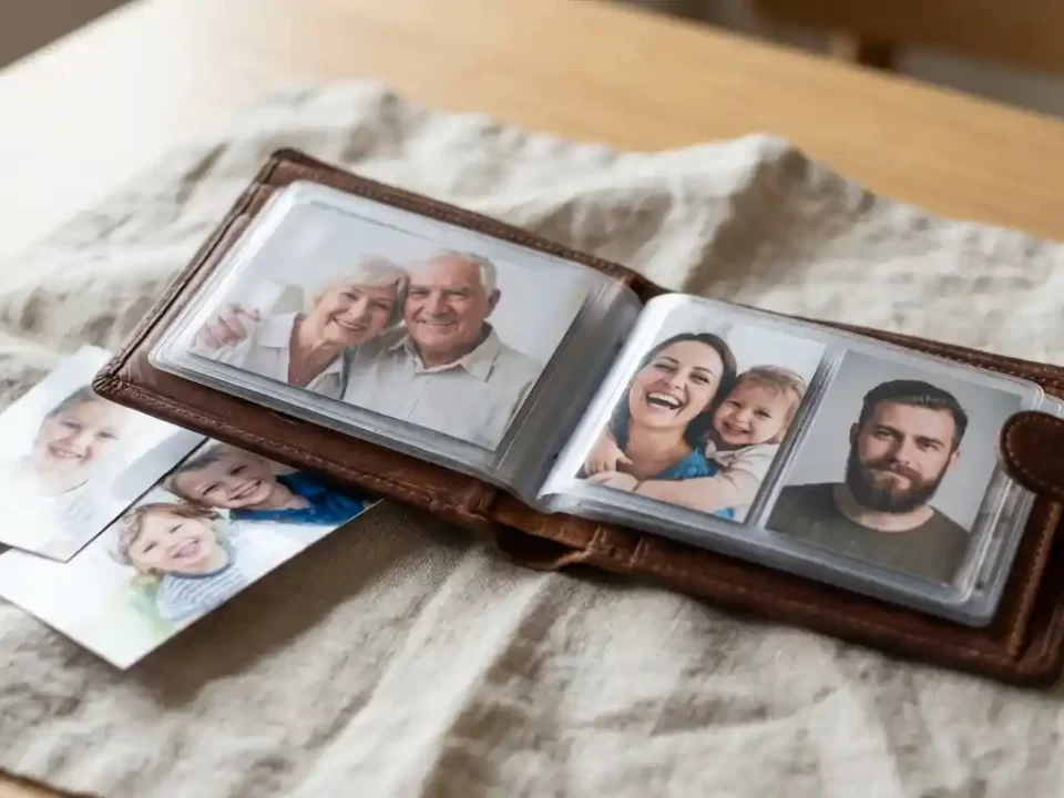 High-quality wallet size photos neatly displayed inside an open leather wallet with extras nearby