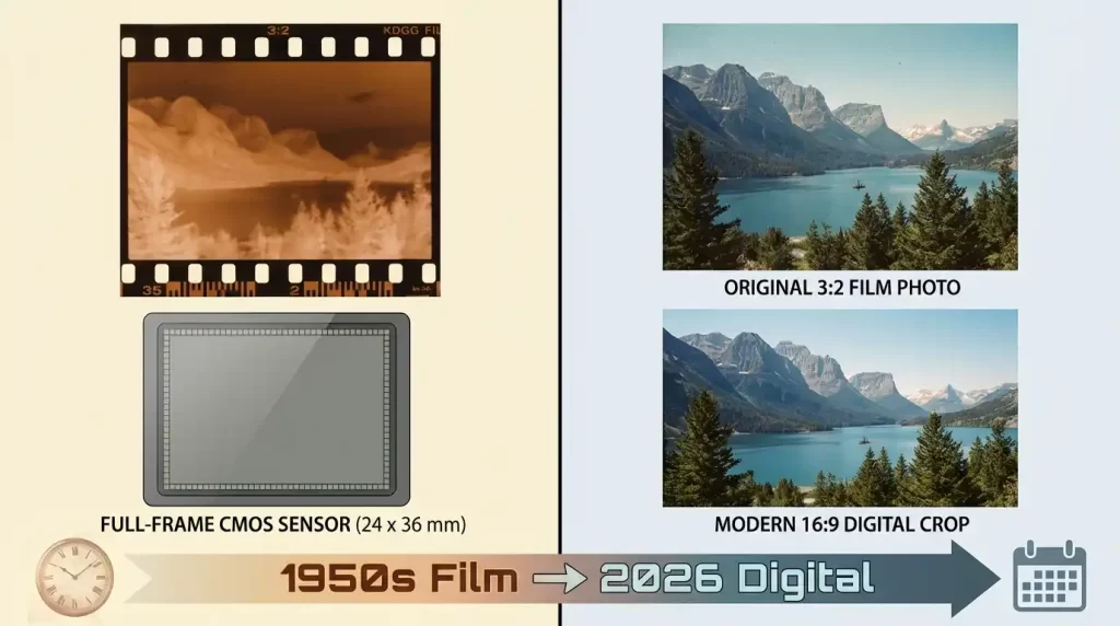 History of aspect ratios in photography - from 35mm film 3:2 to modern digital 16:9 sensor comparison
