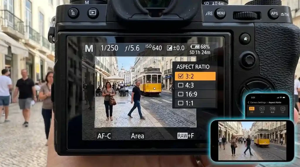 In-camera aspect ratio settings on mirrorless camera - 32, 43, 169 and 11 live view examples