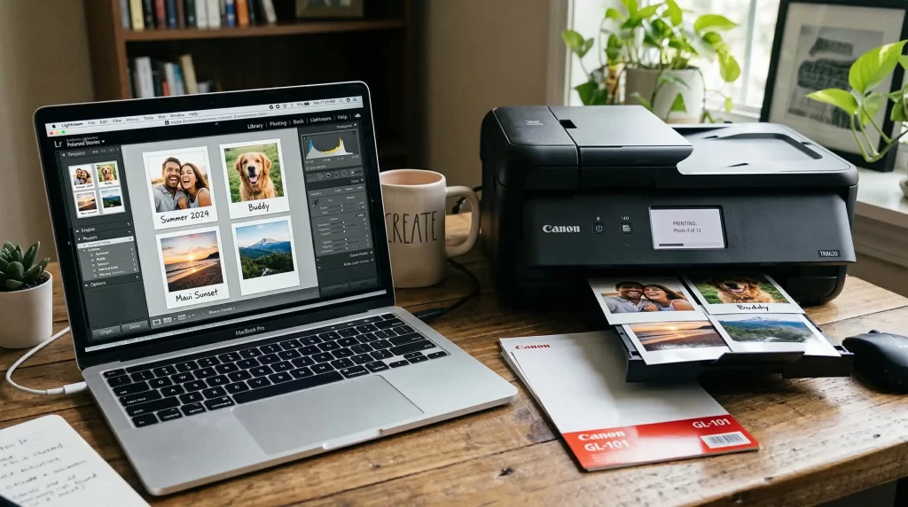 Laptop displaying Polaroid template beside home printer creating photo prints.