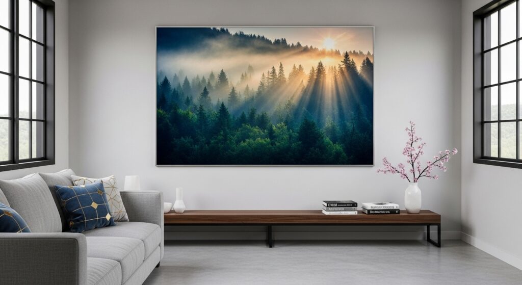 Modern interior featuring a 16x20 photo with digital enhancements.