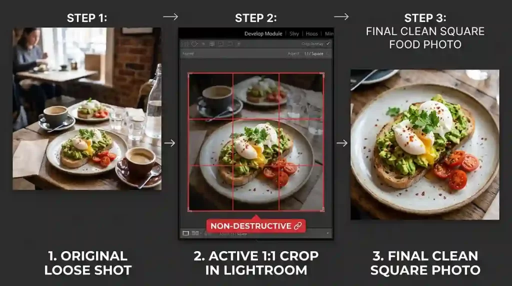Non-destructive cropping for aspect ratio in photography - Lightroom 1:1 square crop tutorial step by step
