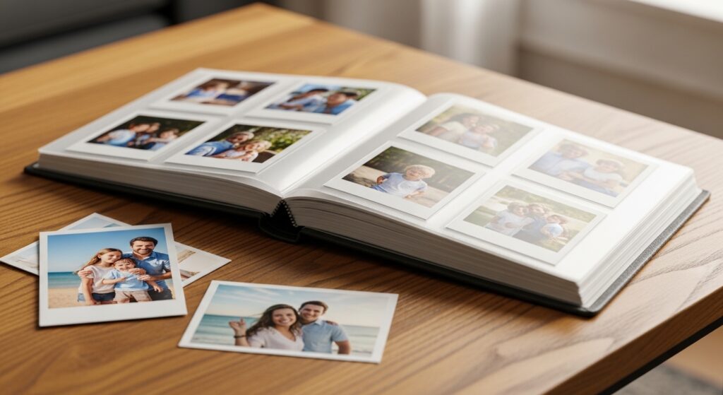 Open photo album filled with multiple 4x6 prints in protective sleeves, with loose prints nearby on a coffee table