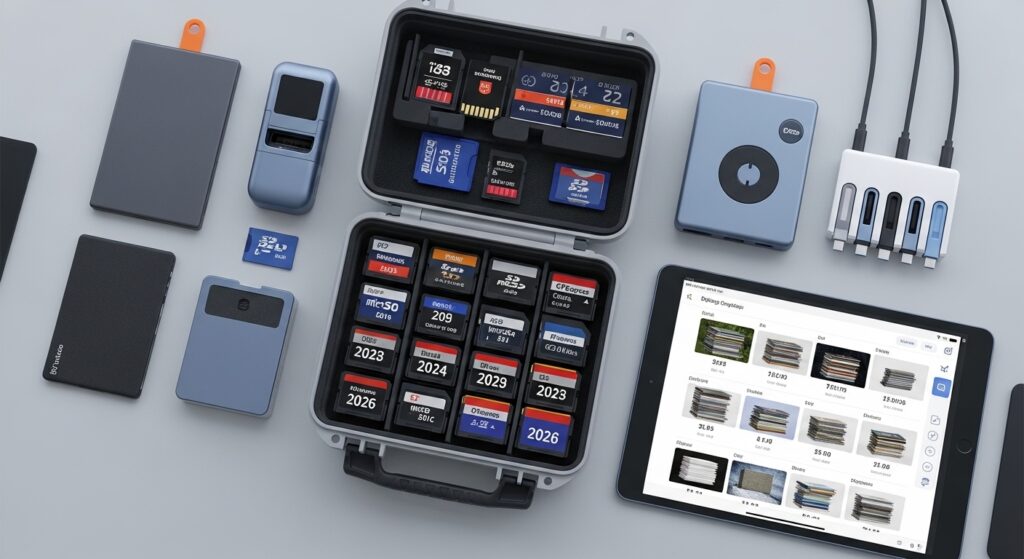 Organized memory cards and photo workflow tools for maximizing storage in 2026.