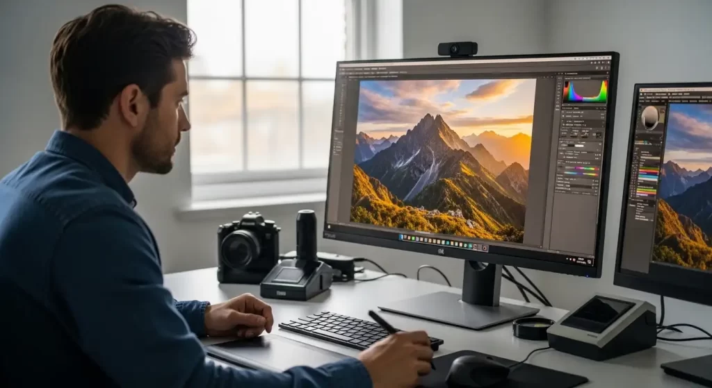 Photographer refining 4K image details on high-resolution monitor in studio