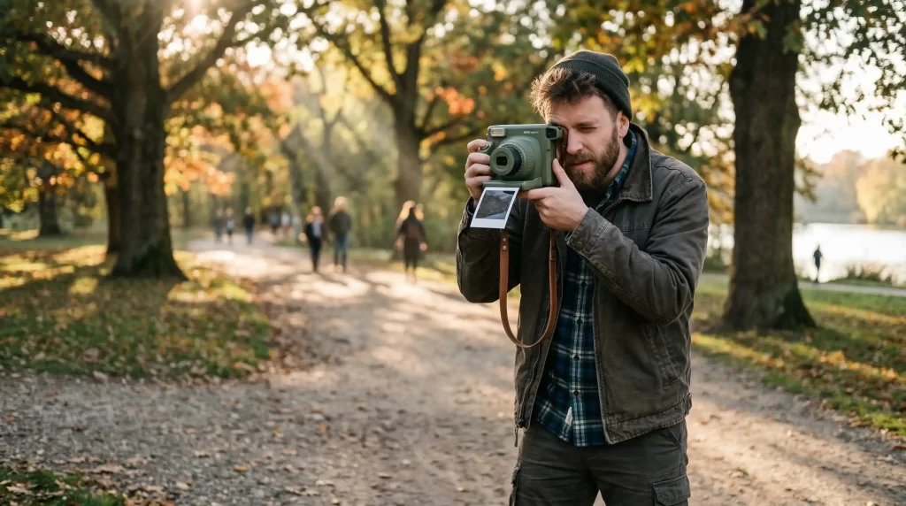 Photographer using instant camera to capture Polaroid-style photos outdoors