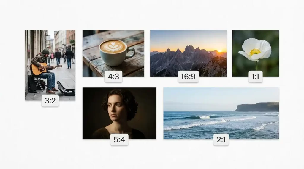 Popular aspect ratios in photography: 3:2, 4:3, 16:9, 1:1, 5:4 and 2:1 shown with example photos
