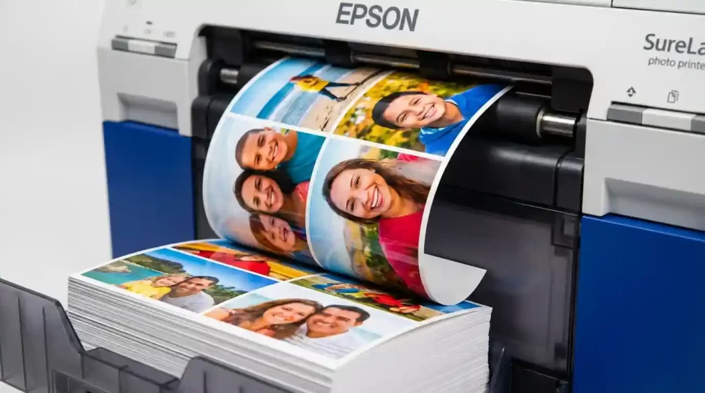 Professional printing process producing sharp and colorful wallet size photos
