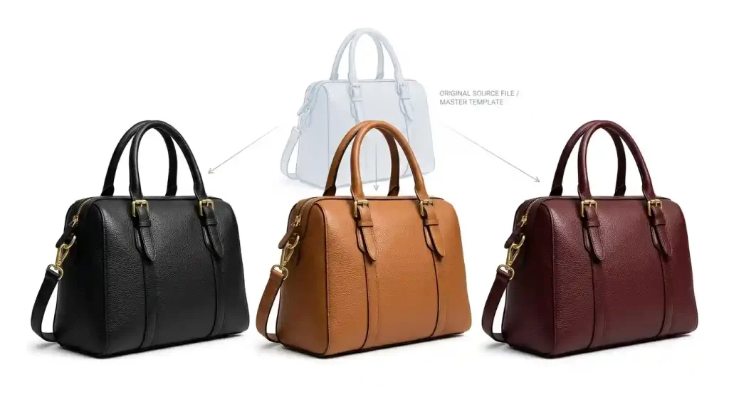 Three color variations of a handbag created from one image using multiple clipping path technique