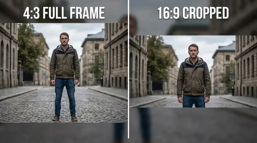 A comparison showing how the 4:3 aspect ratio captures a person's full height while the 16:9 ratio crops the top and bottom