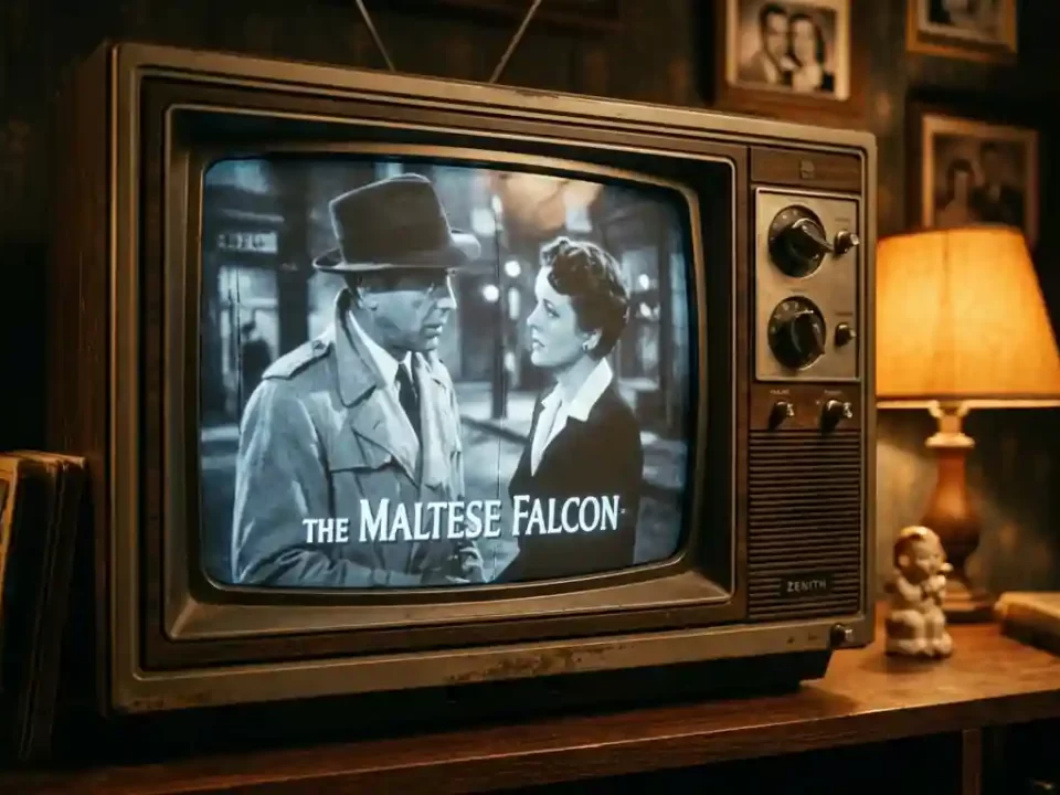 A vintage television screen displaying an old movie, showcasing the classic boxy shape of the 4:3 aspect ratio.