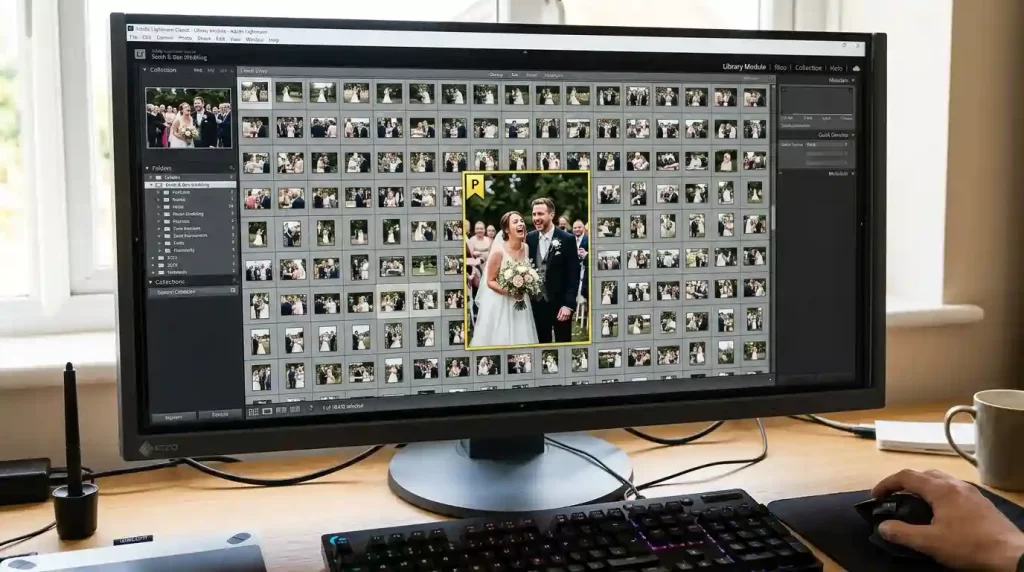 AI culling software interface selecting the best wedding photos from a large contact sheet