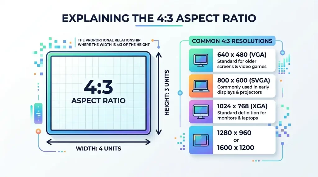 An infographic explaining the 4:3 aspect ratio, showing its 4:3 proportion and listing common resolutions