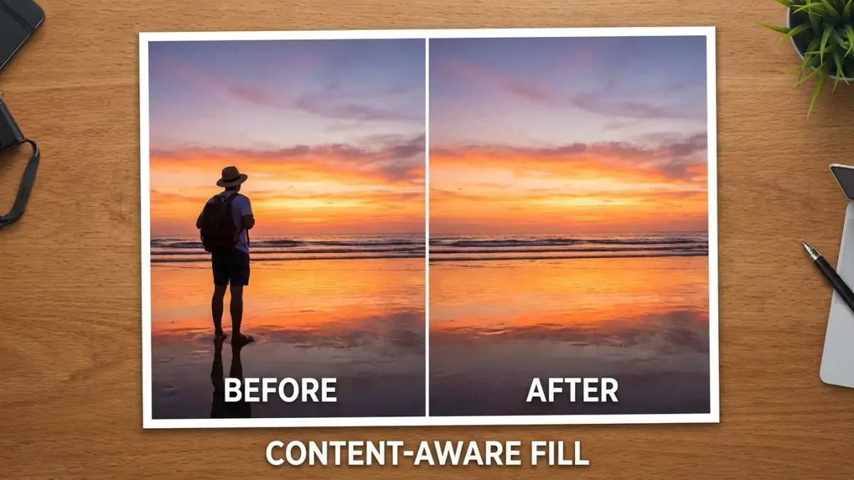 Before and after using Content-Aware Fill to remove a tourist from a beach sunset photo