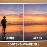 Before and after using Content-Aware Fill to remove a tourist from a beach sunset photo