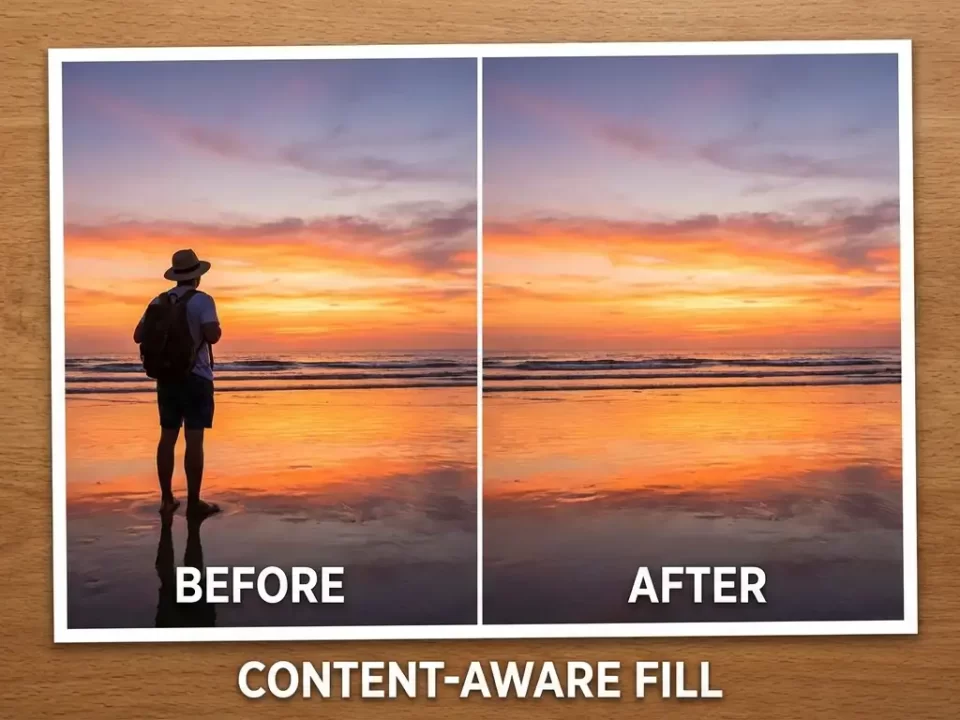 Before and after using Content-Aware Fill to remove a tourist from a beach sunset photo