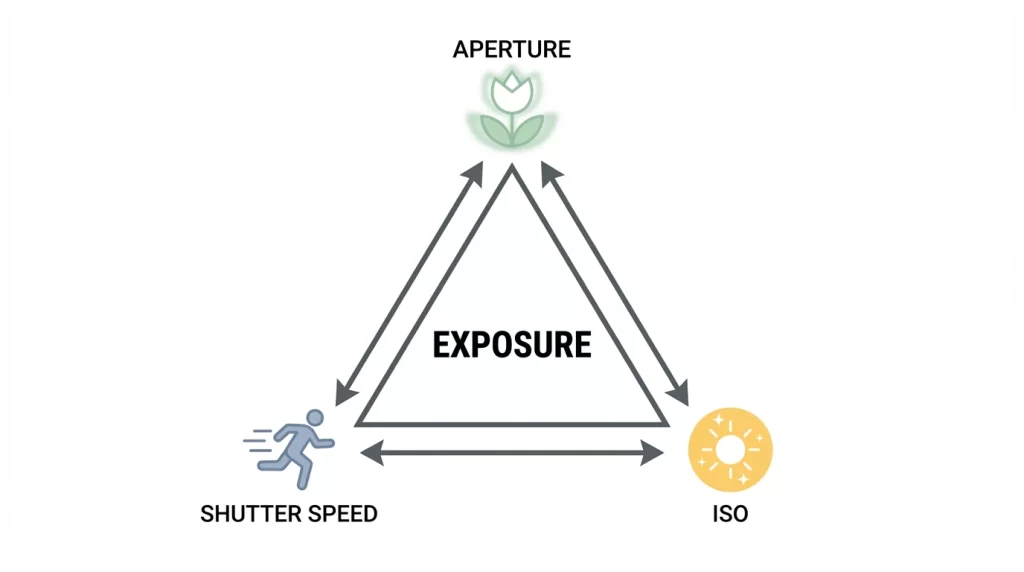 Exposure triangle diagram showing aperture shutter speed and ISO relationship for better camera quality