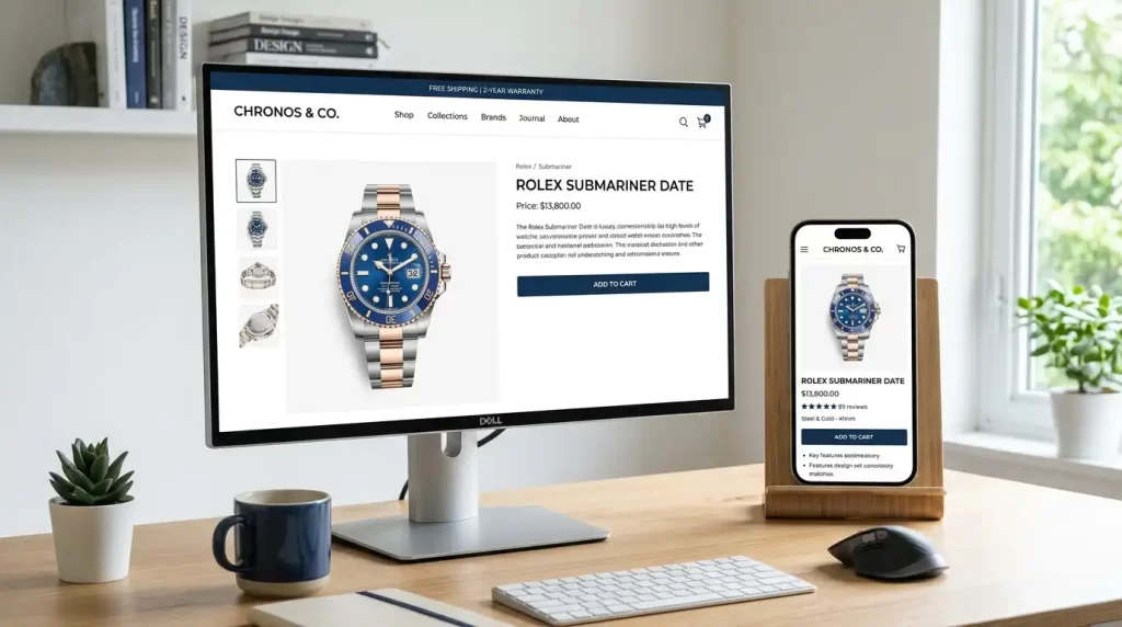 Mobile and desktop responsive e-commerce site featuring a luxury watch on a clean white background