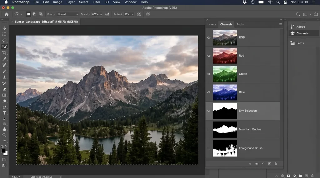 Photoshop Channels panel displaying saved selections from Lasso and Selection Brush tools