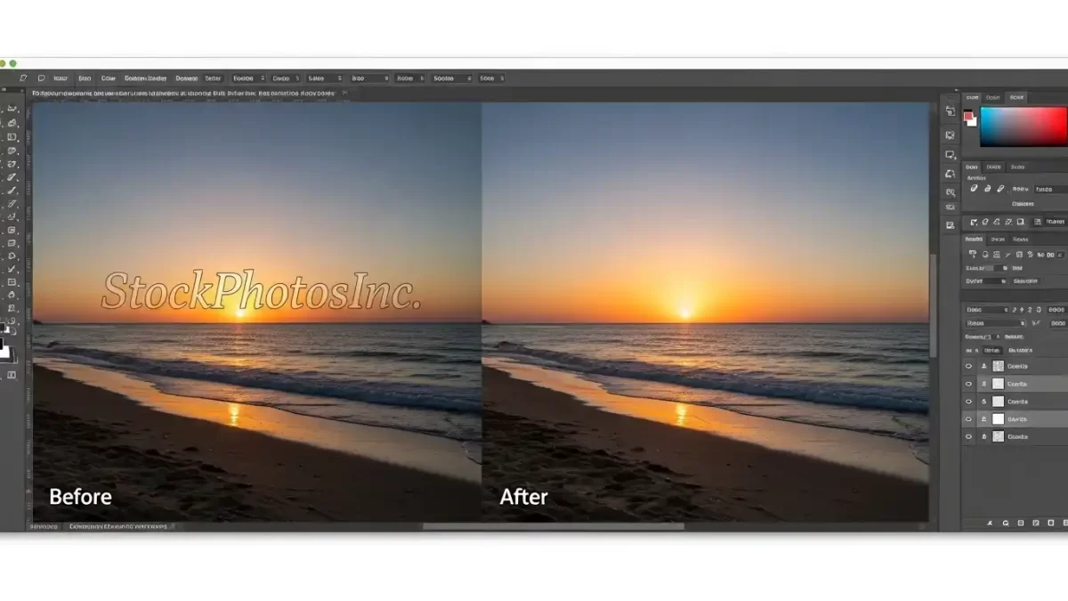 Photoshop interface showing watermark removal before and after comparison