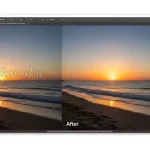 Photoshop interface showing watermark removal before and after comparison