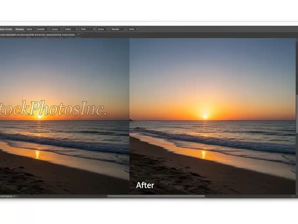 Photoshop interface showing watermark removal before and after comparison