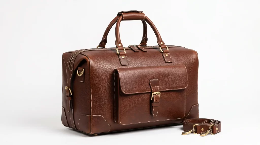 Premium leather travel bag with sharp edges and clear texture on a white background for e-commerce listings.