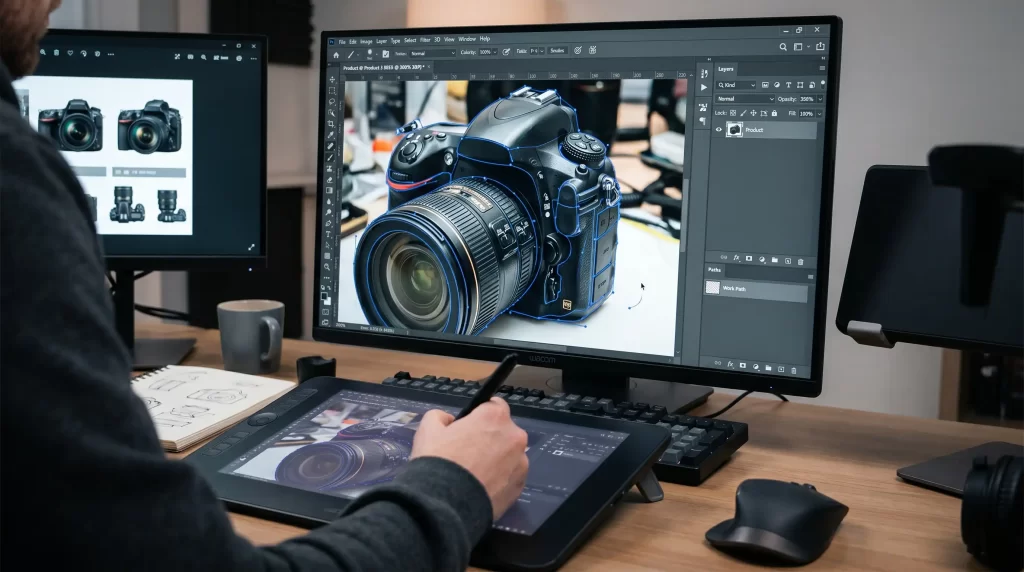 Professional digital workspace showing the process of tracing complex product outlines for background removal.