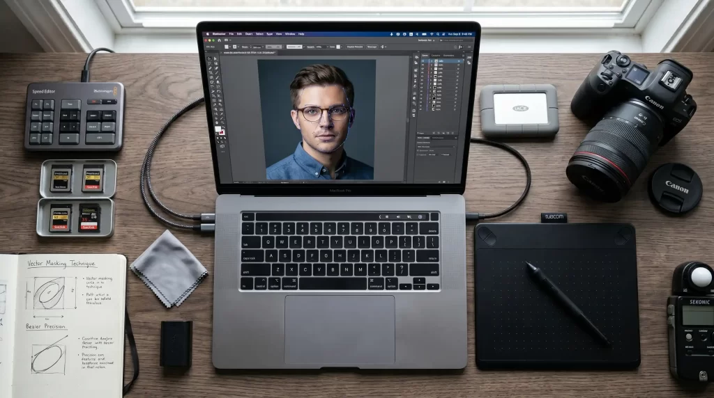 Professional photography and editing tools arranged in a flat lay showing the precision of vector paths in image processing.