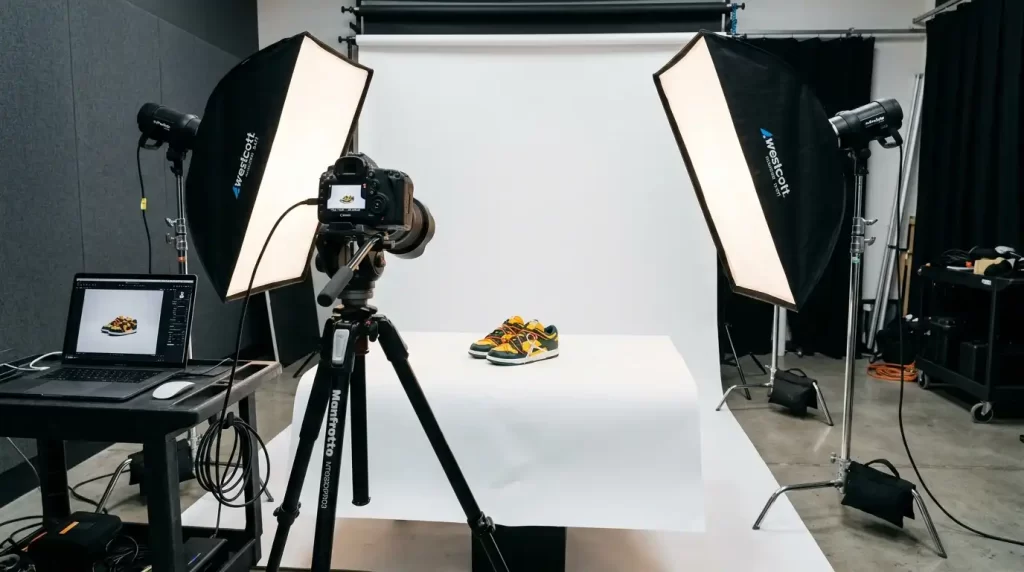 Professional studio setup for white background product photography showing cameras and lighting equipment.