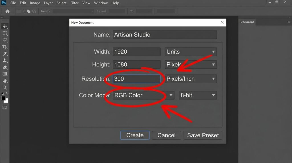 Standard settings for creating a new high-resolution digital image document.
