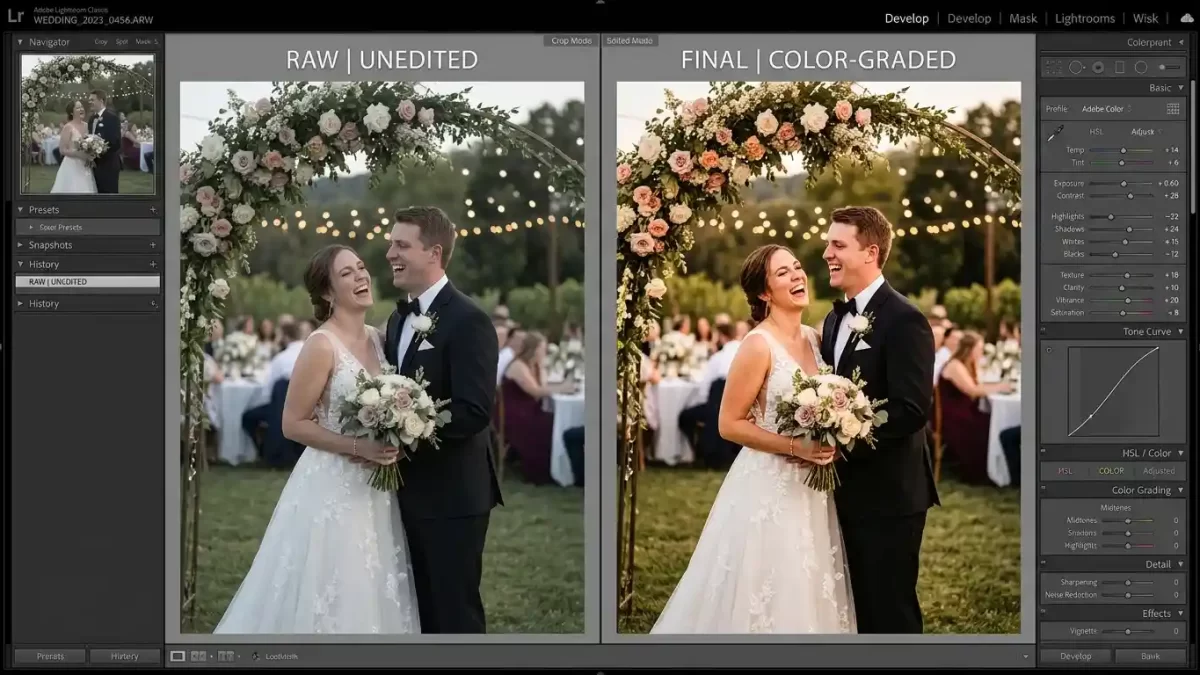 Wedding photo editing before and after comparison showing RAW versus color graded final image