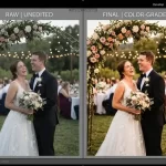 Wedding photo editing before and after comparison showing RAW versus color graded final image