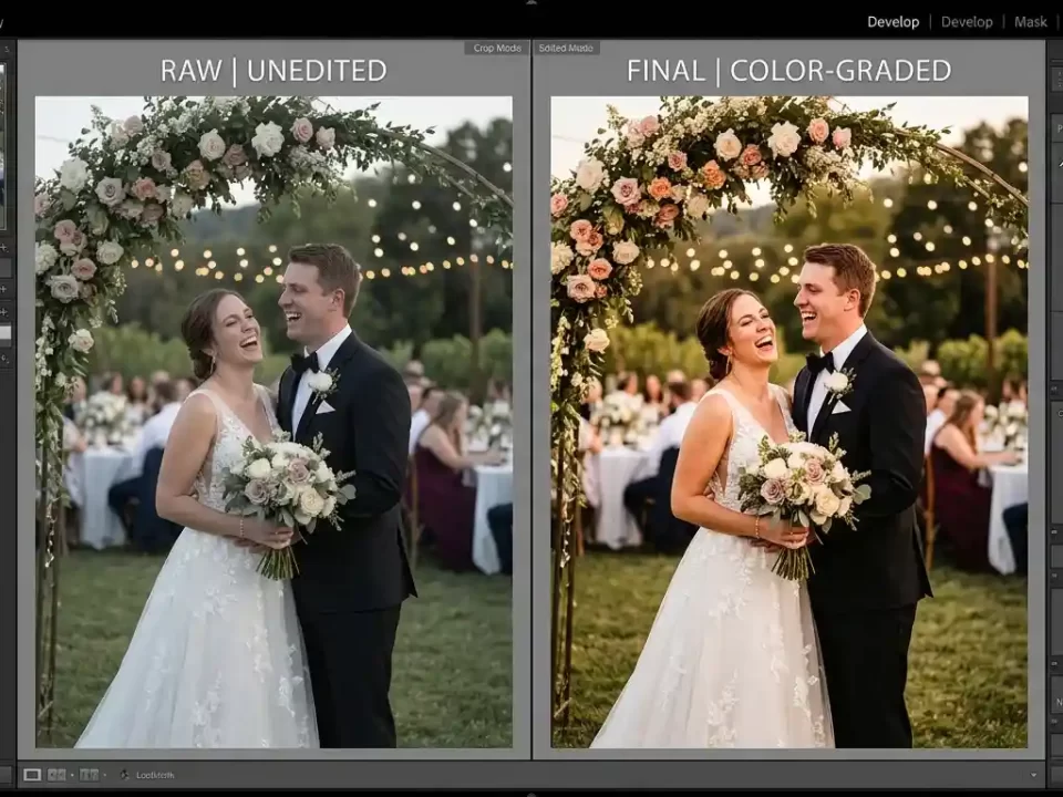 Wedding photo editing before and after comparison showing RAW versus color graded final image