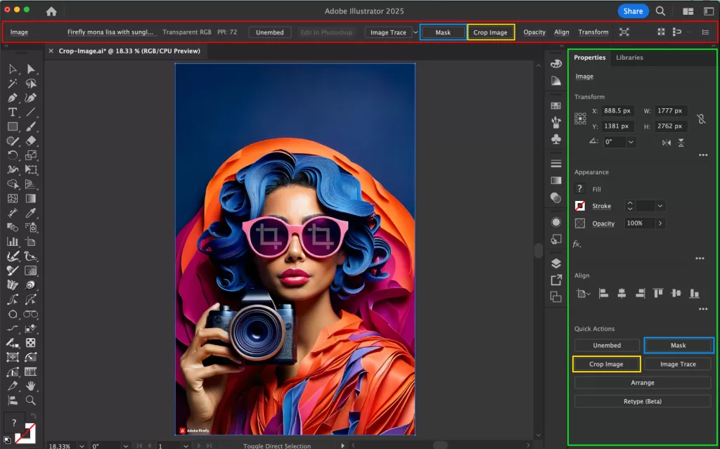 Crop Image button highlighted in Illustrator Properties panel