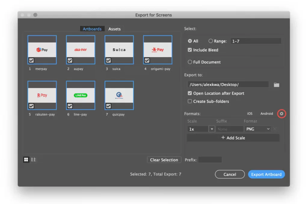Illustrator artboard with transparent PNG export options