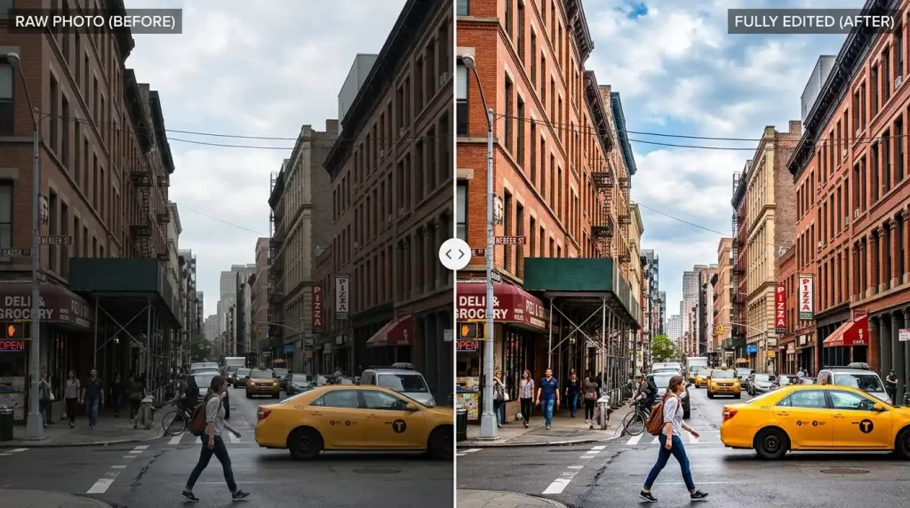 RAW photo before and after editing comparison showing recovered detail and vibrant colors