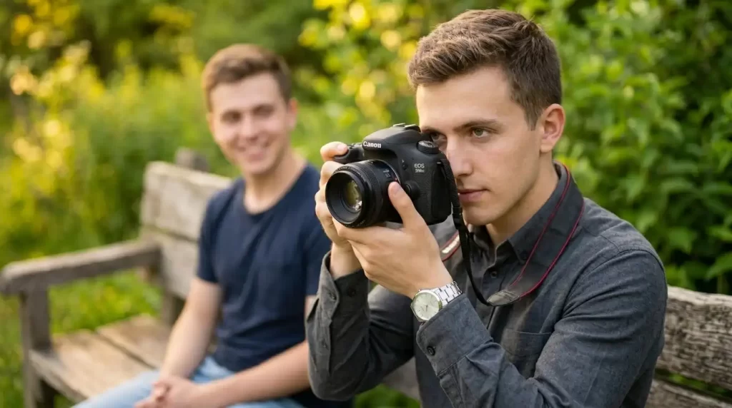 Beginner practicing DSLR photography skills with portraits landscapes and everyday subjects using a DSLR camera.