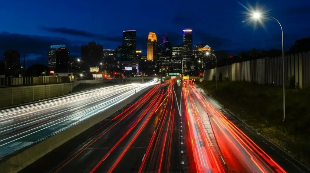 City street with car light trails from long exposure photography