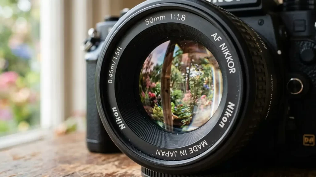 Close-up of a 50mm prime lens showing aperture blades and reflected scene