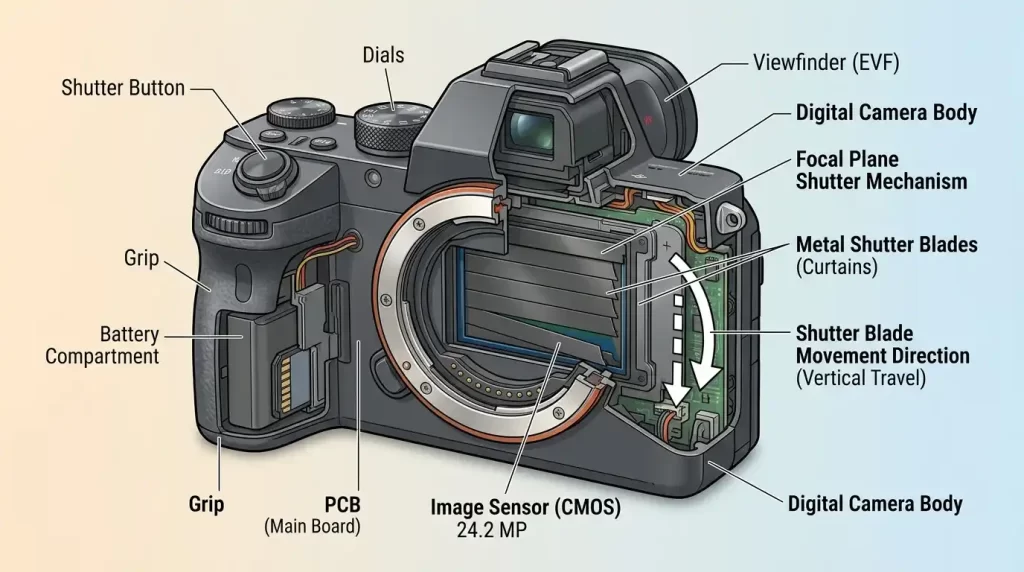 Cutaway illustration showing camera shutter mechanism and sensor position