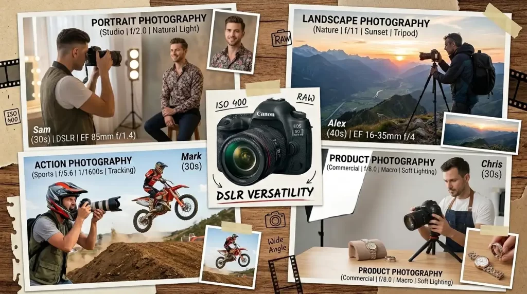 DSLR camera used for portraits landscapes action shots and product photography in different settings.