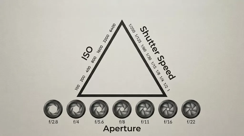 Exposure triangle diagram with aperture, ISO, and shutter speed