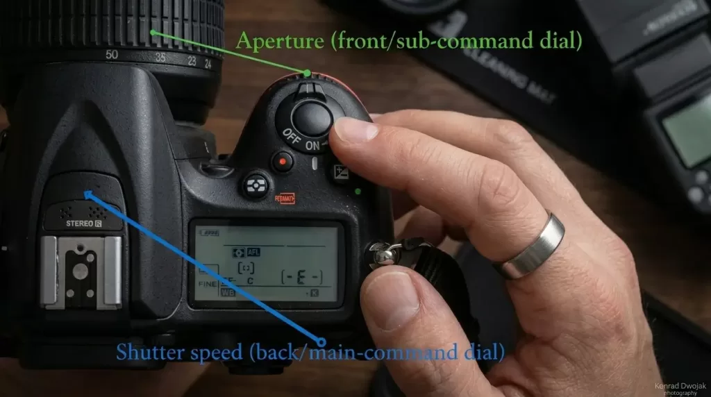 Photographer adjusting command dial to set shutter speed