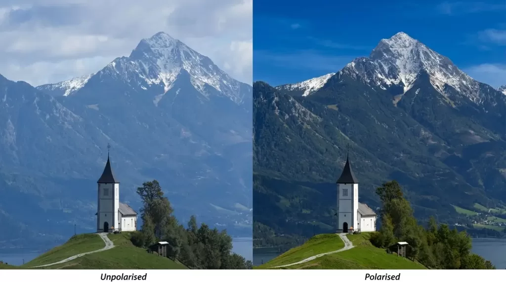 Side-by-side comparison showing the effect of a circular polarizer on sky saturation and water reflections
