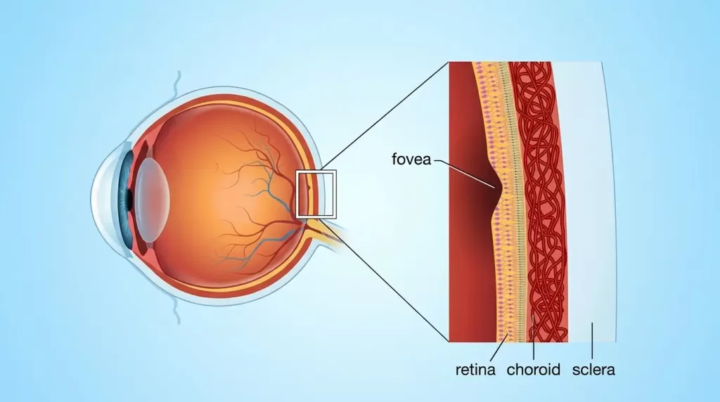 Fovea centralis location in the macula of the human eye