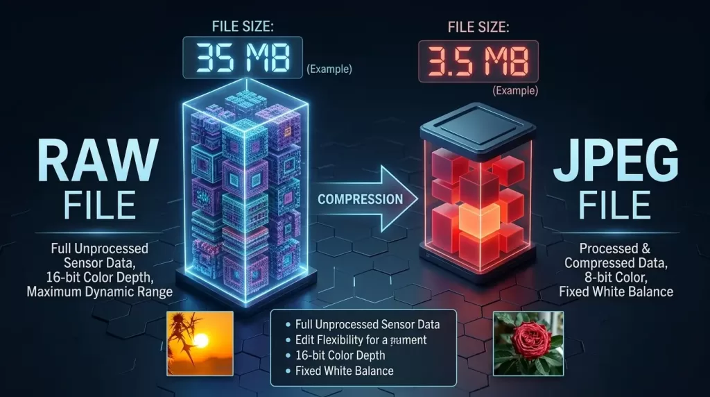 RAW vs JPEG photo file format size comparison