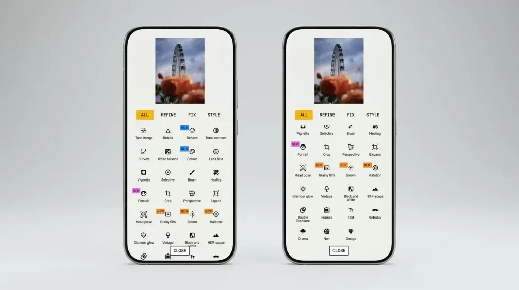 Snapseed 4.0 photo editing tools on Android smartphone