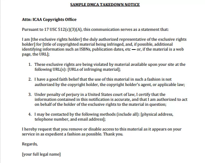 Sample DMCA takedown notice document for image infringement