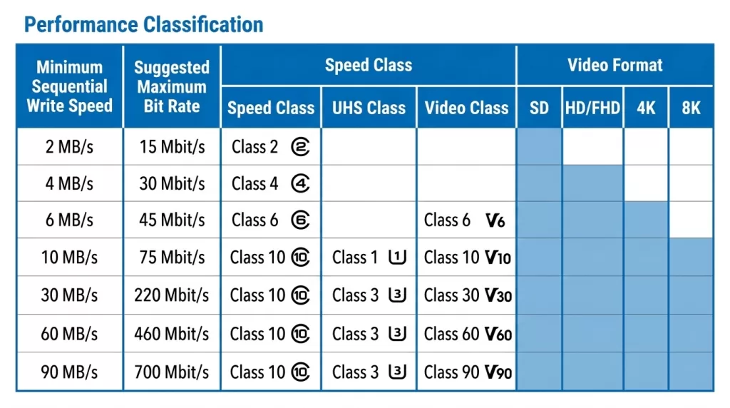 SD card speed class and UHS symbols chart